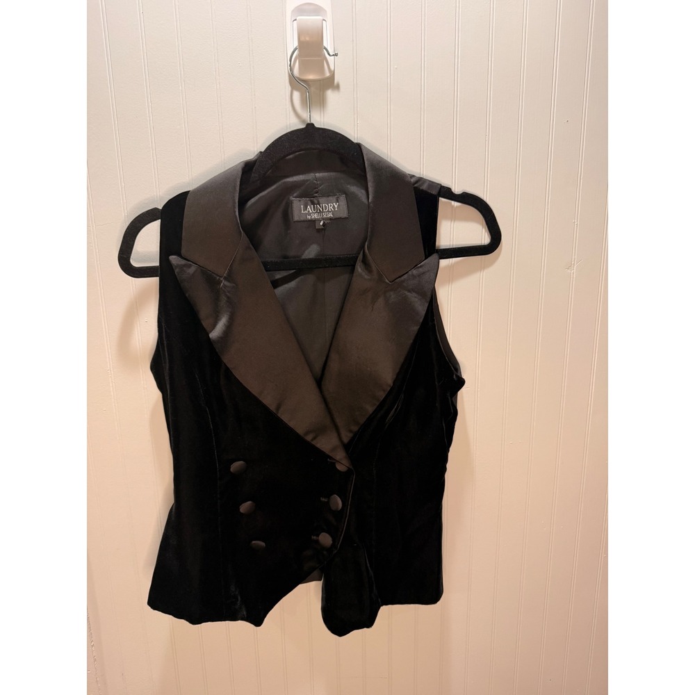 Laundry by Shelli Segal Black Velvet Tuxedo Vest Satin Lapel Double Breasted 4P